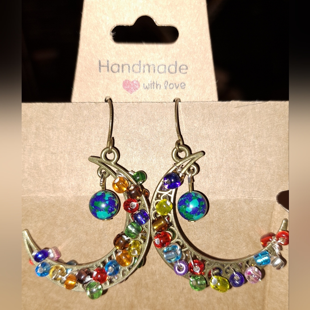 Multicolor Beaded Crescent Moon & "Earth View" Boho Earrings